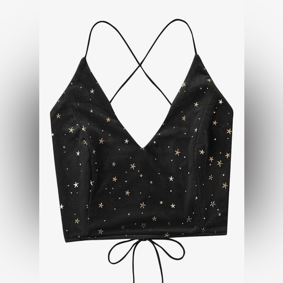 Tops - Velvet Black with Gold Stars   Strappy crop Top